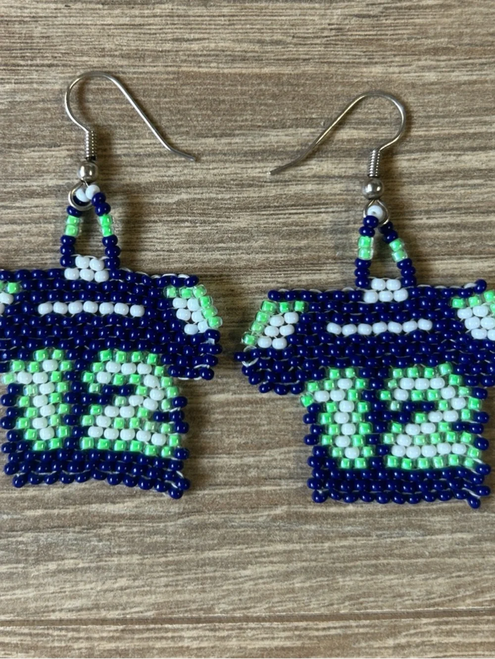 Handmade Blue, Green & White Beaded '12' Jersey Drop‎ Earrings